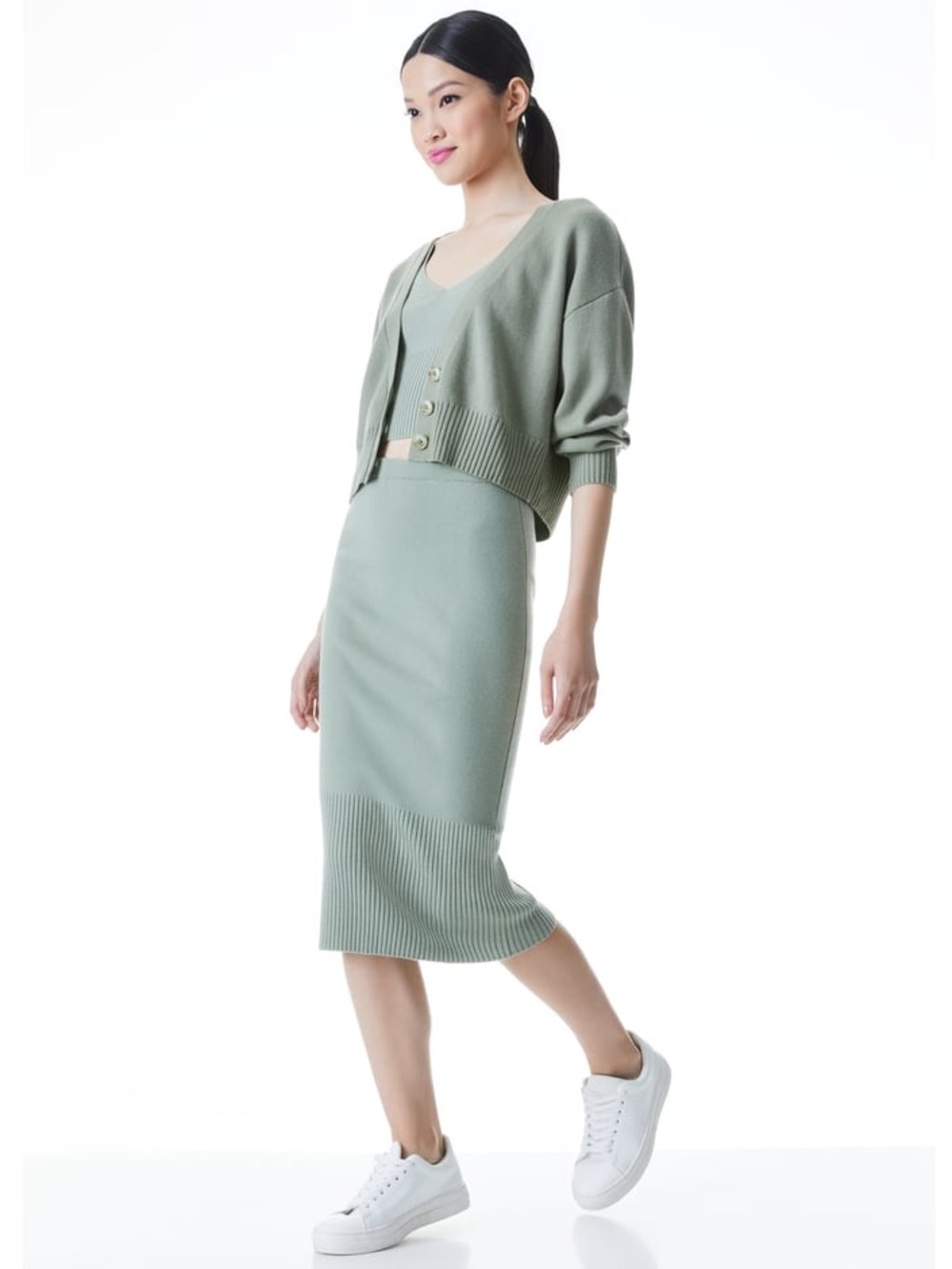 Alice + Olivia Leo Sage Green Midi Knit Pencil Skirt